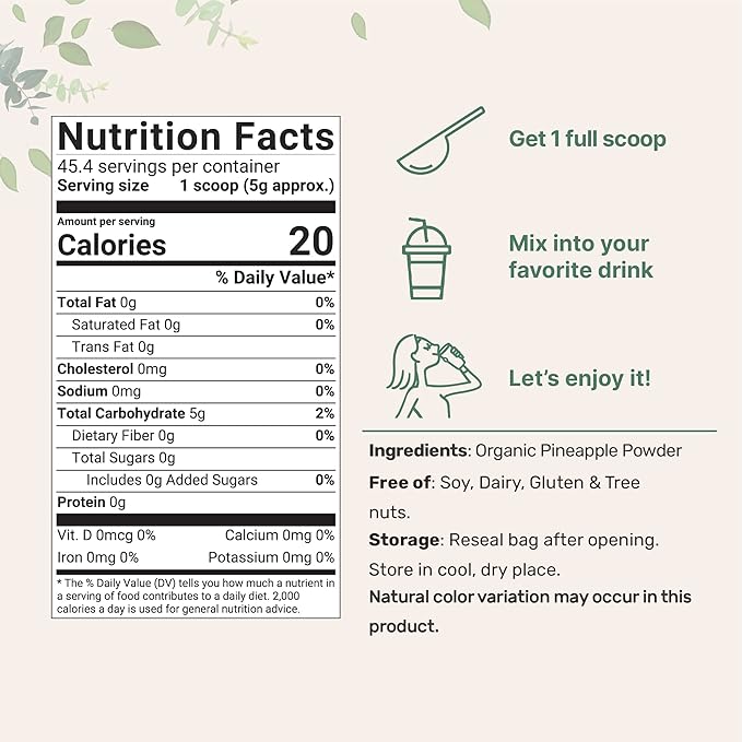Organic Pineapple Powder, 8oz | 100% Natural Fruit Powder | Freeze-Dried Pineapples Source | No Sugar & Additives | Great Flavor for Drinks, Smoothie, & Beverages | Non-GMO & Vegan Friendly