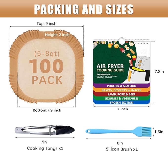 Air Fryer Liners Disposable 7.9” Square Airfryer Liners, 100 Pcs Air Fryer Parchment Paper Liners, Non-Stick airfryer paper liners, Air Fryer Cheat Sheet Magnets Over 200 Foods (Air Fryer Accessories)