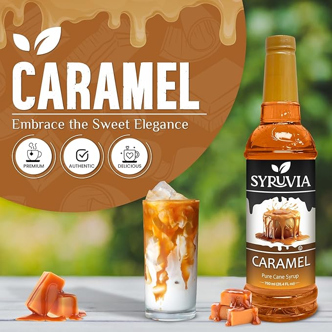 Syruvia Coffee Syrup, Caramel Flavored Syrup for Drinks, Lattes, and Desserts – 25.4 fl oz, With Pump