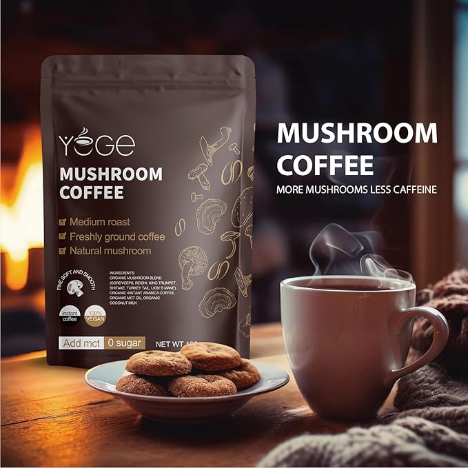 Mushroom Coffee, Instant Mushroom Coffee with Cordyceps, Reish, King Trumpet, Shitake, Turkey Tail, Lions Mane for Energy, Focus, Positive Mood & Immune Support (30 Servings)