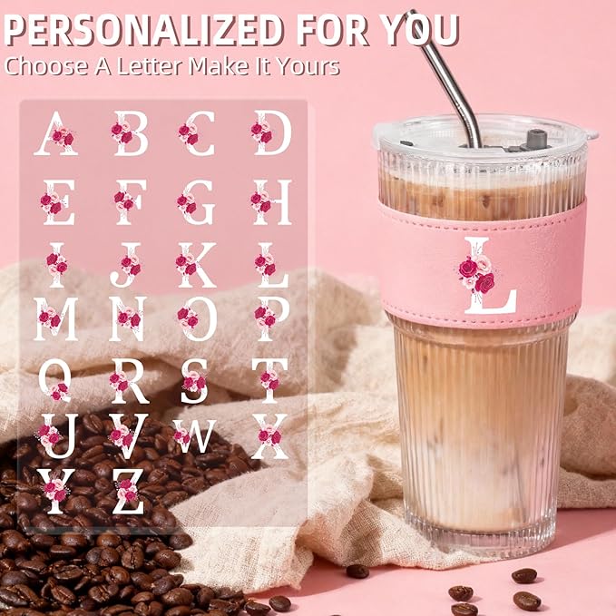 Personalized Gifts for Women,20oz Ribbed Glass Tumbler,Monogrammed Gifts for Women,Birthday Gift,Ice Coffee Mug,Christmas Gift for Mom Sister-L