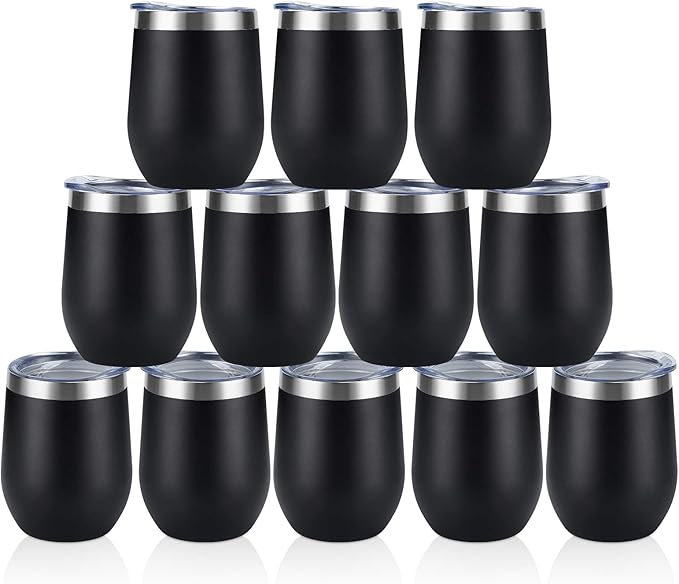 12 Pack Stainless Steel Wine Tumblers, 12Oz Double Wall Vacuum Insulated Wine Tumblers with Lids and Straws, Stainless Steel Stemless Wine Glasses for Coffee, Wine, Cocktails, Champaign, Black