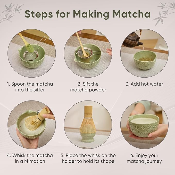 Matcha Whisk Set - Traditional Bamboo Chasen with Bowl, Complete Matcha Tea Making Kit & Starter Tools for Authentic Japanese Ceremony (Mottled Green01, 8pcs/set,Bowl entry-level Set)