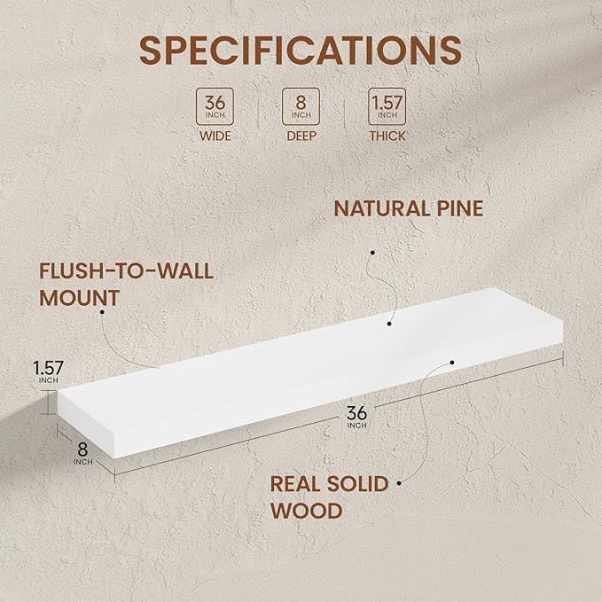 Heimlove 36 inch Floating Shelves for Wall,2 Packs Natural Pine Solid Wood Floating Shelves, 8 inches Deep Wooden Shelves for Kitchen Bedroom Office & Living Room Display Wall Decor