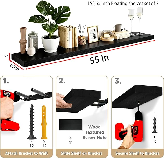 IAE Floating Wall Shelves 55 inch,Bathroom Shelving Wall Mounted,Invisible Shelving Floating Kitchen Shelves,Wooden Wall Shelf with Brackets for Living Room Wall Mounted,Easy Install,Set of 2,Black