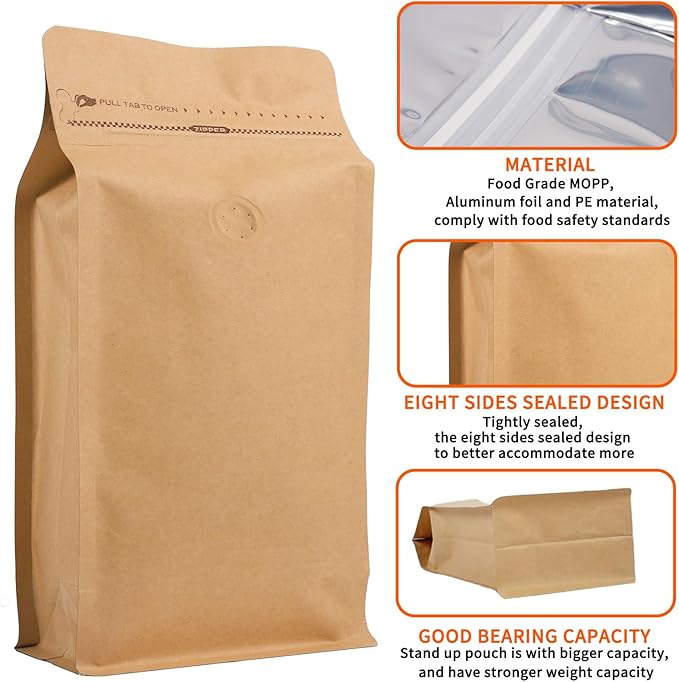 50 PCS Upgraded Coffee Bags with Valve (Kraft Paper, 8 oz/0.5 lb), Black High Barrier Aluminum Foil Flat Bottom Standing Coffee Bean Storage Bags, Heat Sealable Resealable Bag for Home.