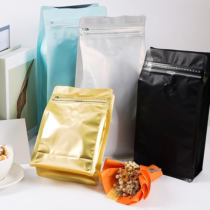 Coffee Bags with Valve (50 PCS,8oz/0.5lb) Black High Barrier Aluminum Foil Flat Bottom Standing Coffee Beans Storage Packaging Bags, Reusable Heat Seal Side Zipper Pouches for Small Business and Home