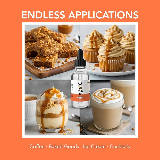 Dolce Flav Natural Butterscotch Extract 2 oz – Kosher, Sugar-Free, Concentrated Rich Butterscotch Flavoring for Baking, Beverages & Desserts, Includes Measured Dropper