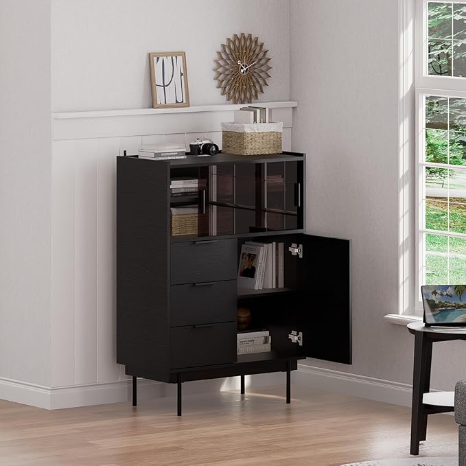 MEISSALIVVE Sideboard Cabinet, 31.5" x 45" Buffet Cabinet with Storage, Black Sideboard with 2 Sliding Doors & 3 Drawers, Coffee Bar Modern Entryway Storage for Living Room, Bedroom, Kitchen