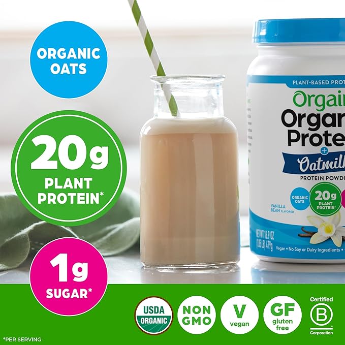 Orgain Organic Vegan Protein Powder + Oat Milk, Vanilla Bean - 20g Plant Based Protein, Gluten Free, No Dairy, Soy or Lactose Ingredients, Low Sugar, Non-GMO, Kosher, For Shakes & Smoothies - 1.05lb