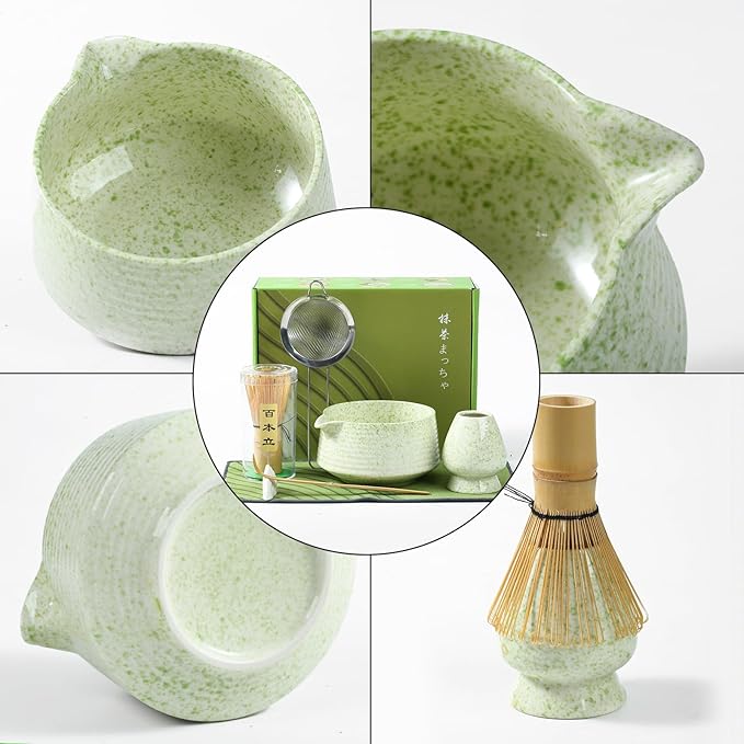 Matcha Whisk Set, Ceramic Matcha Bowl with Spout, Bamboo Whisk, Scoop, Sifter, Holder, Tea Towel, 7-Piece Matcha Kit Set for Making Breakfast/Latte, Square Green, Large, Fusion Style