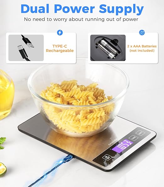 Food Scale - 15kg/33lb Rechargeable Digital Kitchen Scale with Full-View LCD Display, Grams and Ounces, Type-C or Batteries (Not Inc.), Easy Clean Stainless Steel, for Baking, Cooking, Black