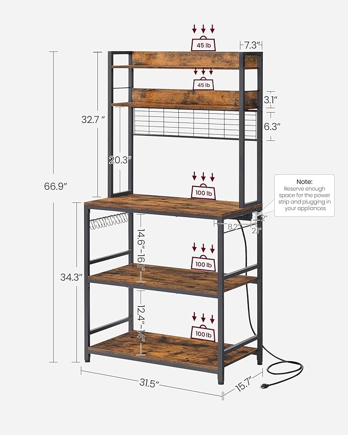 VASAGLE Bakers Rack with Power Outlet, Microwave Stand, Kitchen Tall Utility Storage Shelf, with Metal Wire Panel, 14 Hooks, 15.7 x 31.5 x 66.9 Inches, Rustic Brown and Ink Black UKKS025B01