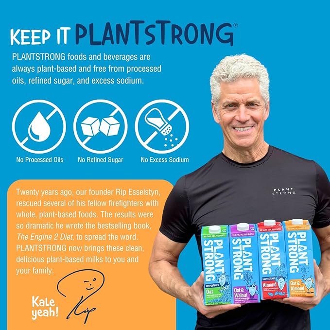 PLANTSTRONG Plant-Based Milks – Non-GMO, Plant-Based, Vegan, Gluten-Free, Dairy-Free, Lactose-Free, Shelf-Stable, No Gums or Oils (Pack of 6 (32 Fl. Oz.), Oat & Almond w/Recipe Gu)