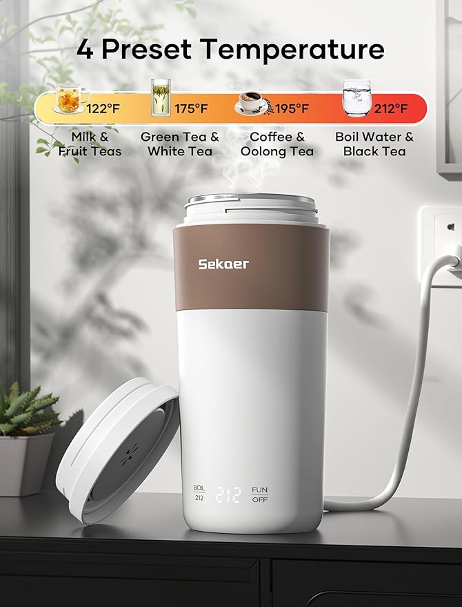 Sekaer Travel Portable Kettle, Dual Voltage 110-240V, Mini Electric Kettle for Tea Coffee, 304 Stainless Steel Small Hot Water Boiler, 350mL Auto Shut-Off & 4 Temp Presets, SKE-835-B