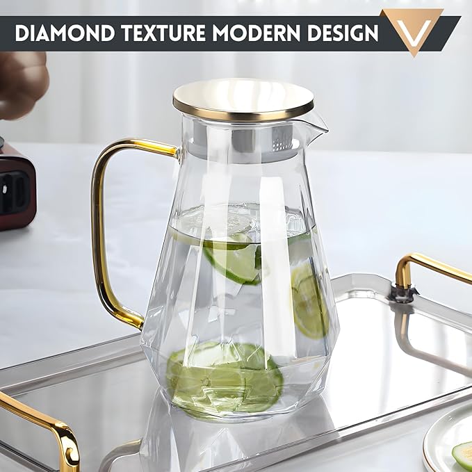 2L Borosilicate Glass Water Pitcher with Lid, 68oz Iced Tea/Coffee Carafe with Spout, Cold Brew Coffee Dispenser, Water Jug for Juice, Homemade Beverage, Diamond Cut Design for Refrigerator