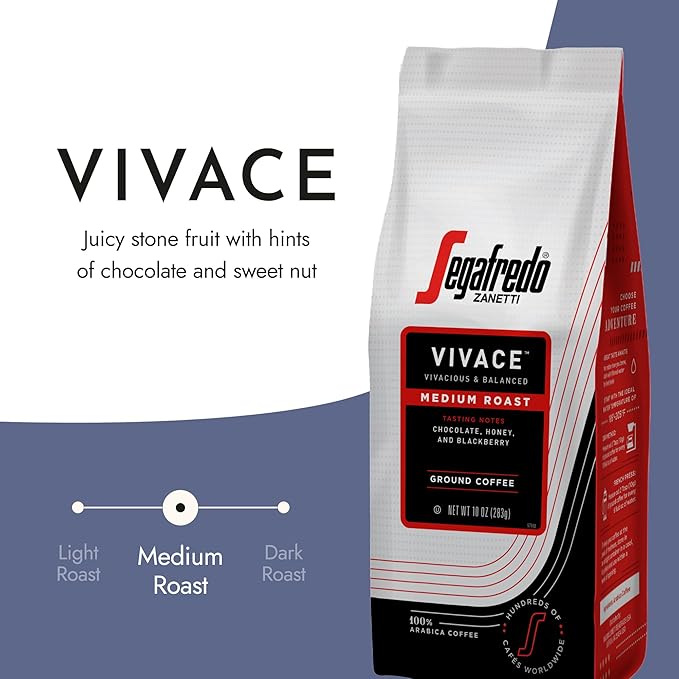 Segafredo Zanetti Ground Coffee – Made with Arabica Coffee – Medium Roast, Balanced with Smooth Acidity – Colombian & Brazilian Blend – Vivacious Medium Body – Vivace, 10oz Bag, Pack of 6