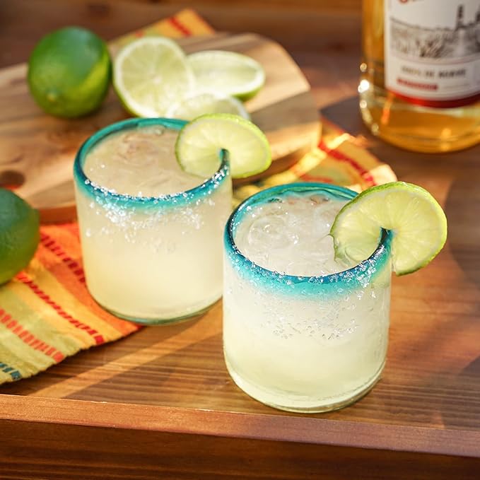 Segunda Vida Primavera Hand Blown Short Tumblers, Recycled Drinking Glasses with Blue Rim for Margarita, Tequila, Cocktails, Iced Drinks, Birthday Gifts for Women, Mexican Glassware, 12 oz, Set of 2