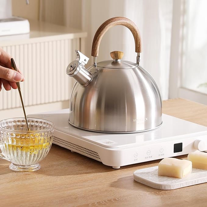 18/8 Stainless Steel Tea Kettle for Stovetop (4L / 4.23 Quart Whistling Tea Pot, Wood Handle)-Silver