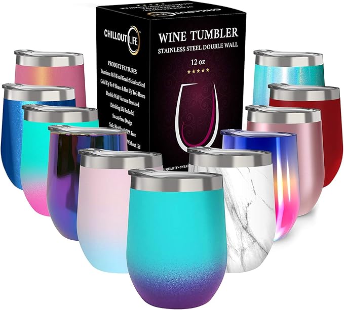 CHILLOUT LIFE 12 oz Stainless Steel Wine Tumbler with Lid - Double Wall Vacuum Insulated Wine Cup Glass Keeping Cold & Hot for Coffee, Champagne, Cocktails, Ice Cream - Powder Coated Caribbean Lily