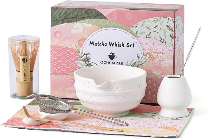 Matcha Tea Set, 8 Pcs Japanese Matcha Kit with Cherry Blossom and Wave Design Ceramic Bowl, Bamboo Whisk, Whisk Holder, Scoop, Sifter, Brush, Matcha Kit Set for Matcha Lovers (Speckled White)