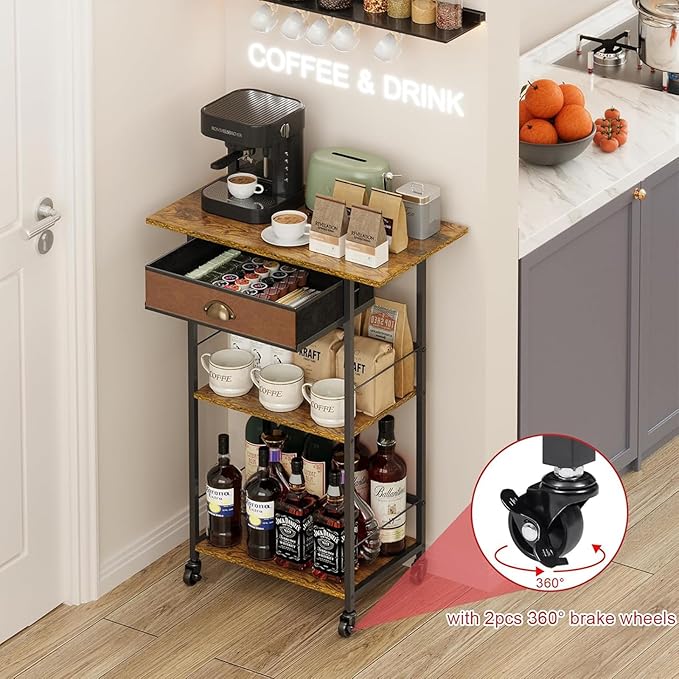 3 Tier-Coffee Bar Stand Station Cart with Storage Drawer, Extended Worktop Coffee Table, Farmhouse Corner Bar Cabinet for Small Spaces, Barkers Rack Home Bar for Entryway, Living Room