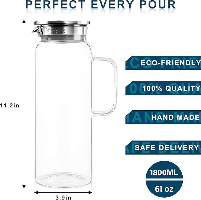 Set of 2 Glass Pitcher with Lid,2 Quart (64 oz / 1.9 Liter) Leak Proof,Glass Water Jugs, BPA-Free,Microwave & Dishwasher Safe Pitcher,Sun & Iced Tea, Sangria,Cold Brew Coffee & More