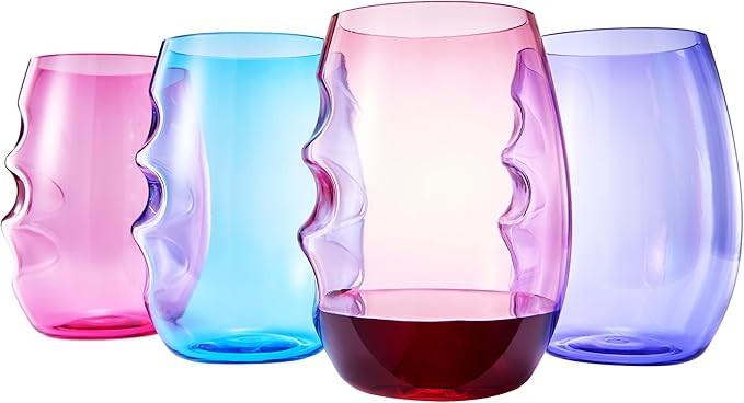 Unbreakable European Plastic Crystal, Stemless Wine Glasses | Set of 4, 13.5 OZ | Acrylic Tritan Set with 3-Finger Indentations - Pastel Colored Tumbler Set, BPA Free, Reusable, Naturally Aerates Wine