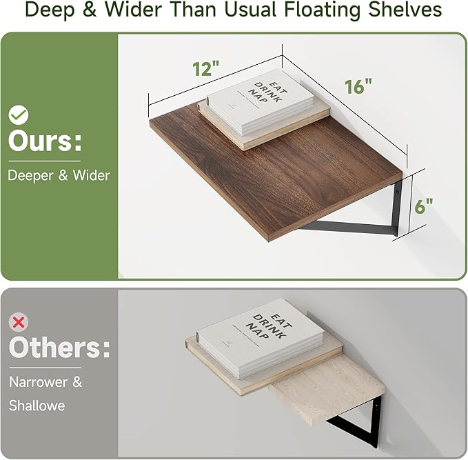 Heimlove 12 Inch Deep Floating Shelves for Wall, 16W x 12D Wide Floating Shelves Heavy Duty Wall Mounted Shelves, Wood Shelves for Living Room Bedroom Bathroom Kitchen- Set of 4