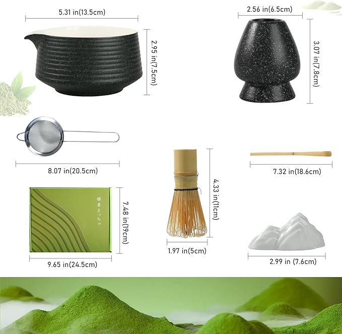 Matcha Whisk Set, Ceramic Matcha Bowl with Spout, Bamboo Whisk, Scoop, Holder, Sifter, Tea Towel, 7-Piece Matcha Kit for Making Breakfast/Latte