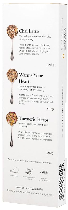 Gourmanity Spicy Loose Tea Sampler Set, 3 vibrant Spicy Flavors, Chai Latte, Intensely Spicy & Turmeric Herb, Infused with Cooling Herbs and & Fragrant Rose Petals, Product of Austria, 1.41oz