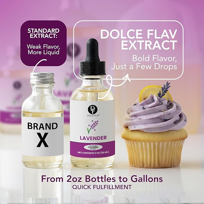Dolce Flav Natural Lavender Extract – 2 Ounce Oil-Soluble Kosher, Sugar-Free, Concentrated Floral Lavender Flavoring for Baking, Chocolates & Desserts, Includes Measured Dropper