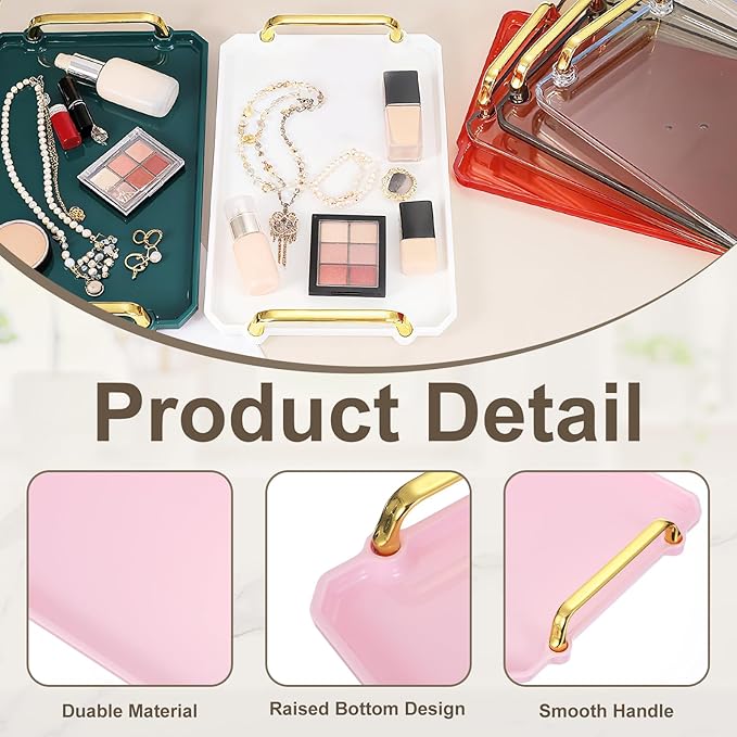 uxcell Plastic Serving Tray with Golden Handle, 12 x 8.6 Modern Rectangular Decorative Tray Acrylic Reusable Tea Platter for Countertop Bathroom Kitchen Home Restaurant, Pink