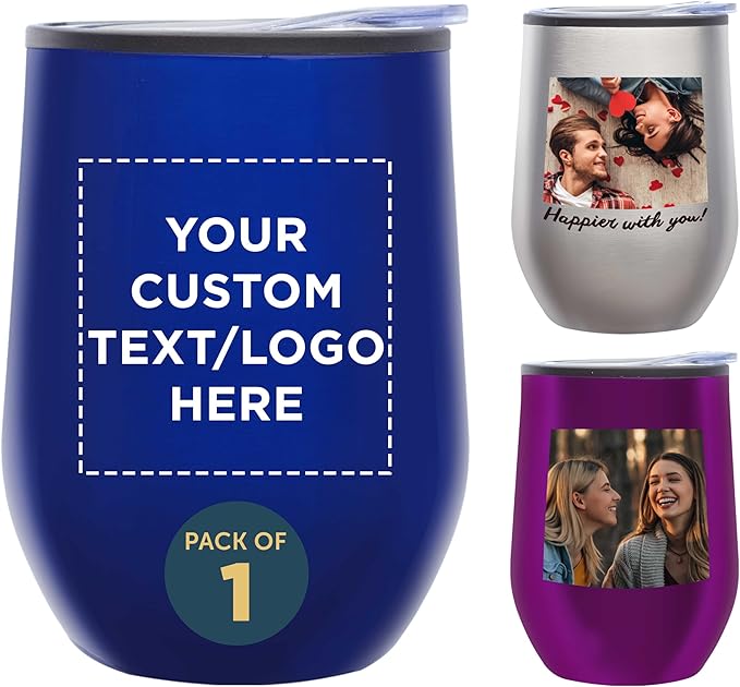 DISCOUNT PROMOS Custom Stemless Wine Tumblers 12 oz. Set of 1, Personalized Bulk Pack - Insulated, Perfect for Wine, Cocktails, Other Hot & Cold Beverages - Blue