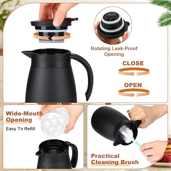 Uiifan 2 Pcs 25 Oz Thermal Coffee Carafe Stainless Steel Insulated Vacuum Coffee Carafes Double Walled Vacuum Thermal Pot Flask with Brushes for Keeping Cold Hot Tea Water Milk Home Office (Black)