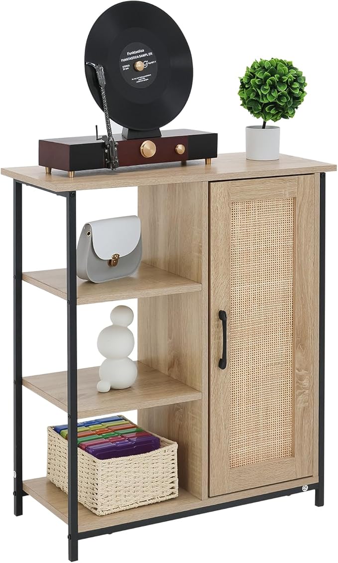ALBAD Boho Sideboard Buffet Cabinet with 3 Tier Storage Shelves and Rattan Doors Rustic Farmhouse Coffee Bar Console Table for Living Room, Kitchen, Dining Room, Home Entryway
