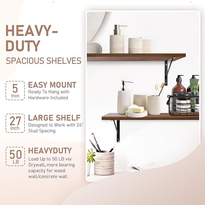 Kaboon 27 inch Long 10 inch Deep Floating Shelves for Wall Set of 2, Large Open Shelves Wall Mounted, Space Saving Home and Commercial Use, Walnut