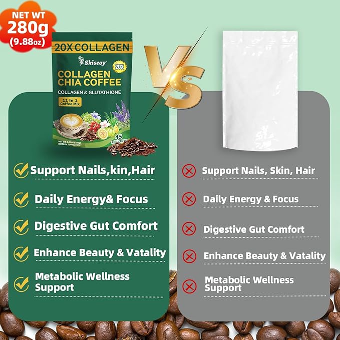 Skiseoy 20x Collagen Chia Coffee - 11-in-1 Coffee Shape Mix with L-Glutathione for Skin, Hair, Joints - Boost Energy and Focus, Vegan Friendly, 45 Servings