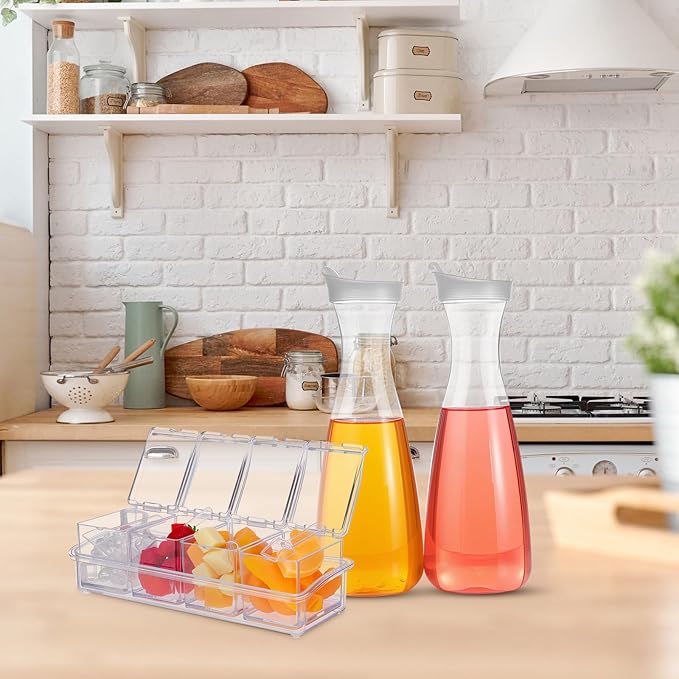 Honeydak 5 Pcs Mimosa Bar Supplies Include 4 Pcs 47 oz Plastic Carafe with Lids Clear Round Juice Pitcher Containers 1 Seasoning Box with Lid and Spoon for Christmas Party Serving Storage (Clear)