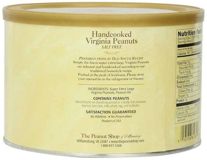 The Peanut Shop of Williamsburg Unsalted Virginia Peanuts, Non-Gmo Handcooked Salt-Free Williamsburg Peanuts Gluten-Free - 32 Oz Tin