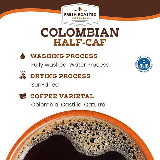 Fresh Roasted Coffee, Colombian Water Half-Caf, 5 lb (80 oz), Medium Roast, Kosher, Whole Bean