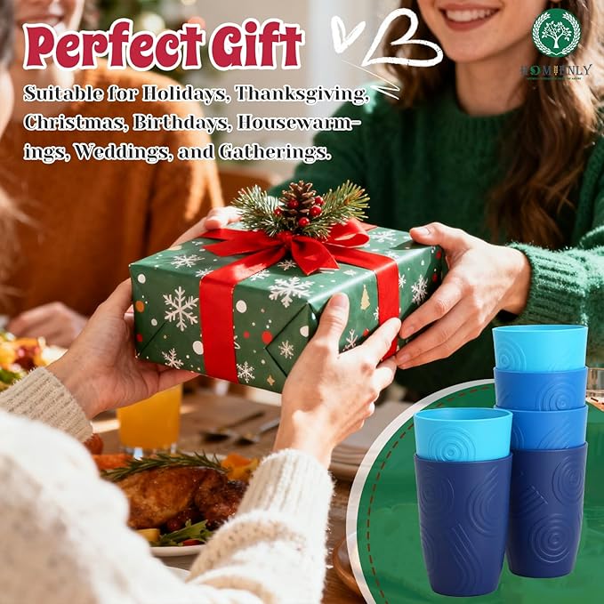Homienly Wheat Straw Cups 6 PCS Plastic Cups Reusable Unbreakable Drinking Cup Dishwasher Safe Water Glasses (16 OZ,Blue Sky)