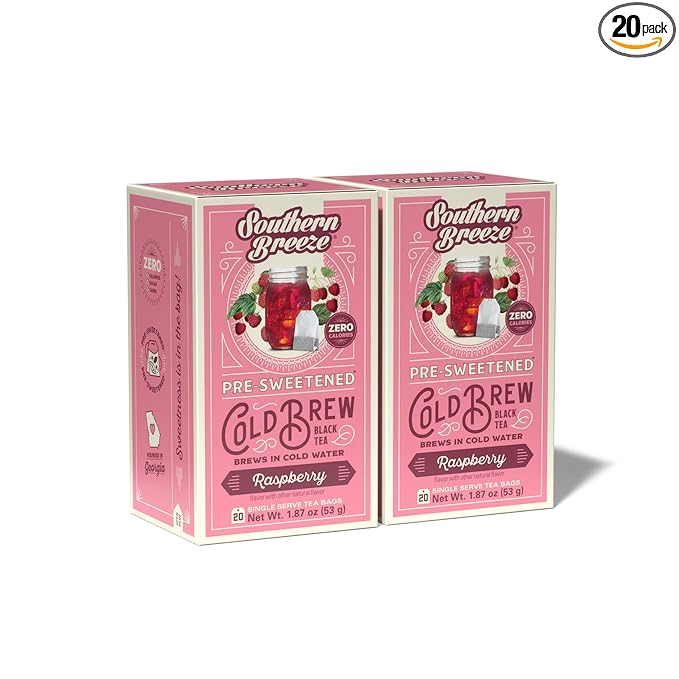 Southern Breeze Cold Brew Sweet Tea Raspberry Iced Tea with Black Tea and Zero Carbs Zero Sugar, 20 Individually Wrapped Tea Bags (Pack of 2) Southern Sweet Tea Iced Tea Beverage