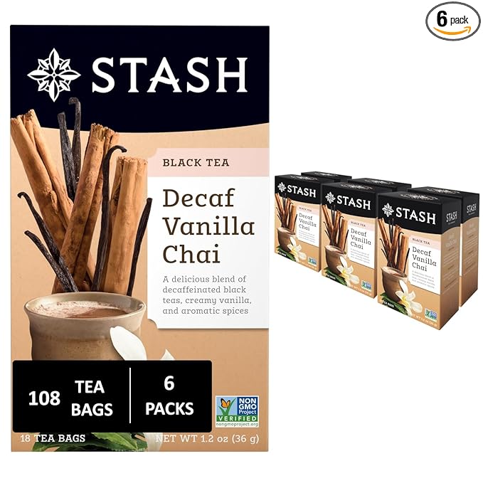 Stash Tea Decaf Vanilla Chai Tea, 6 Boxes With 18 Tea Bags Each (108 Tea Bags Total)