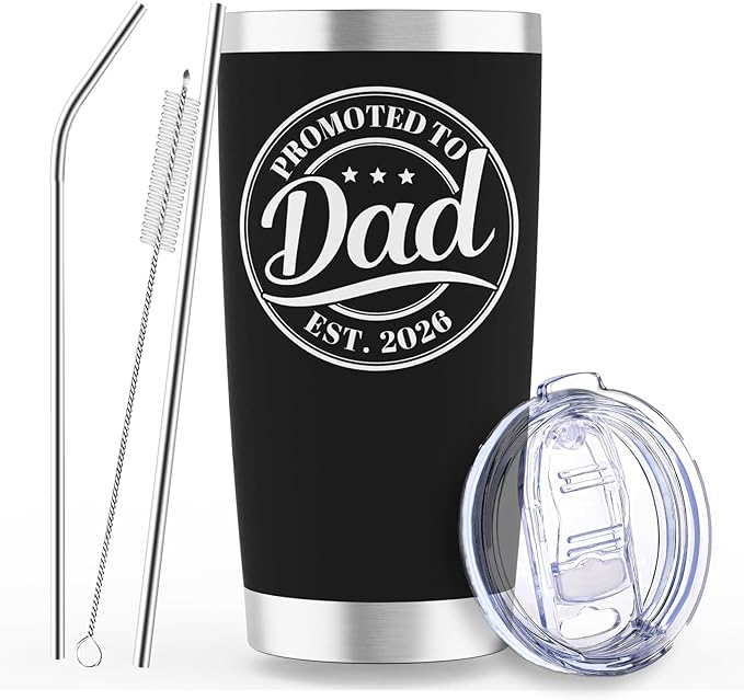 Promoted to Dad Est. 2026 Tumbler - New Dad Christmas Gifts, Gifts for First Time Father, New Father to Be, 20oz Stainless Steel Insulated Tumbler with Lid, Husband Gift from Wife, Black