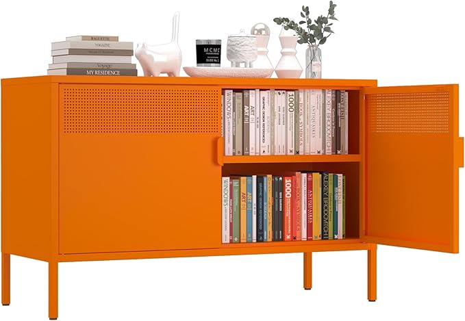Orange Metal Storage Cabinet,2 Door TV Stand, Metal Mesh Accent Cabinet,Magnetic Door Closure,Low Storage Cabinets with Doors and Shelf for Home,Office,Living Room