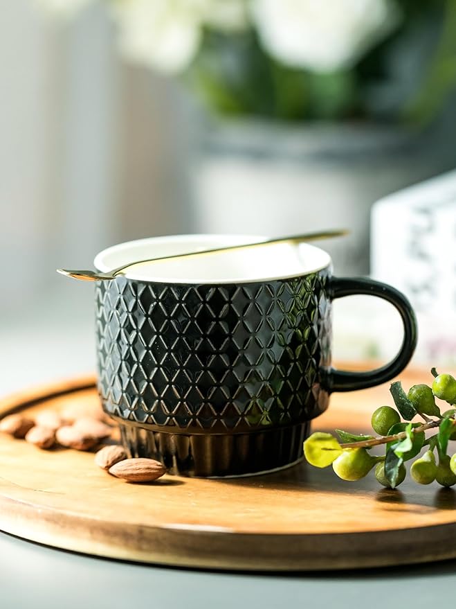 LYEOBOH Stackable Coffee Mugs Set of 4 with Rack & Spoons Coffee Mug Set 13 OZ., Ceramic Embossed Grinding Demitasse Cups Set Cappuccino Cup Halloween for Coffee, Latte, Macchiato, Espresso, Black