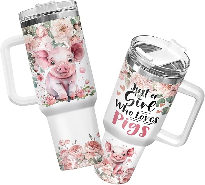 34HD Pig Tumbler with Handle & Straw, 40oz Just A Girl Who Loves Pigs Coffee Mug, Pig Lover Gifts for Birthday Christmas, Farm Animal Gifts for Women