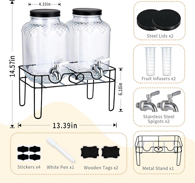 1 Gallon Glass Drink Dispensers for Parties, Beverage Dispenser with Stand and Fruit Infuser, Glass Lemonade Dispenser with Stainless Steel Spigot for Kombucha, Sun Tea, Juices, BBQ, Weddings