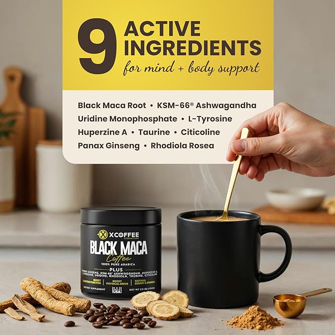 Black Maca Adaptogenic Coffee – Instant Arabica Medium Roast with | KSM-66 Ashwagandha | Ginseng | Natural Energy, Focus & Stamina Blend with Taurine, Rhodiola & Citicoline